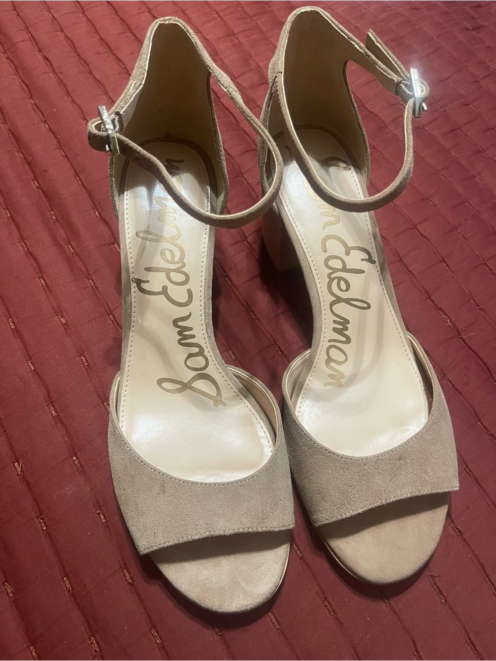 Sam Edelman Suede Ankle-Strap Block Heels in Taupe